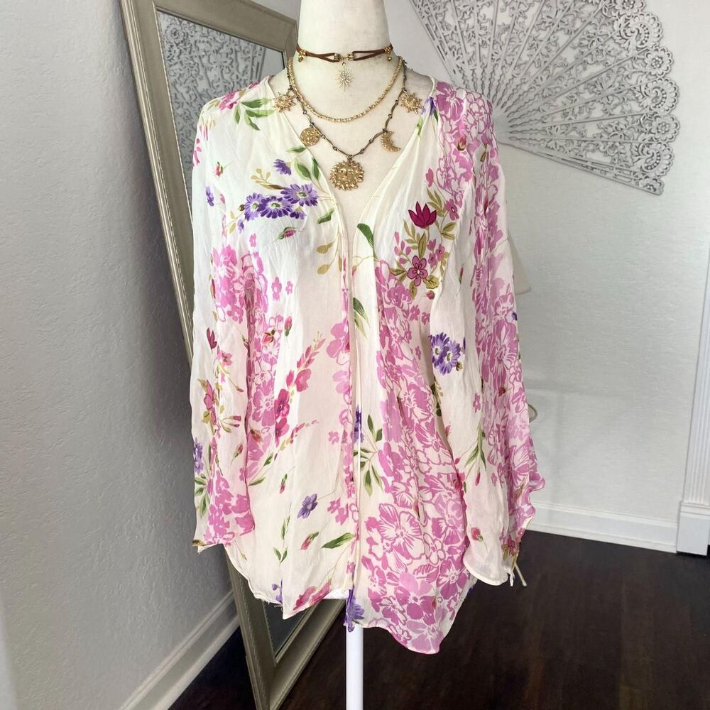 Bella Blue Coquette Cottage Core Floral Sheer Open Front Cardigan 3/4 Sleeve L